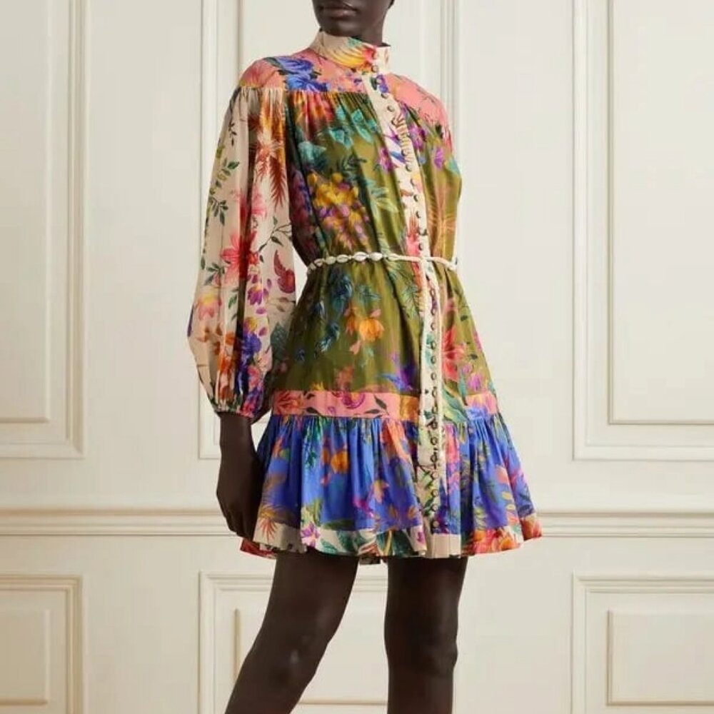 Zimmermann Tropicana Belted Patchwork Floral-print Cotton-voile Mini Dress